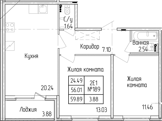 2-комнатная квартира 56.01 м², 1/4 эт., ЖК «Любоград в Стрельне»